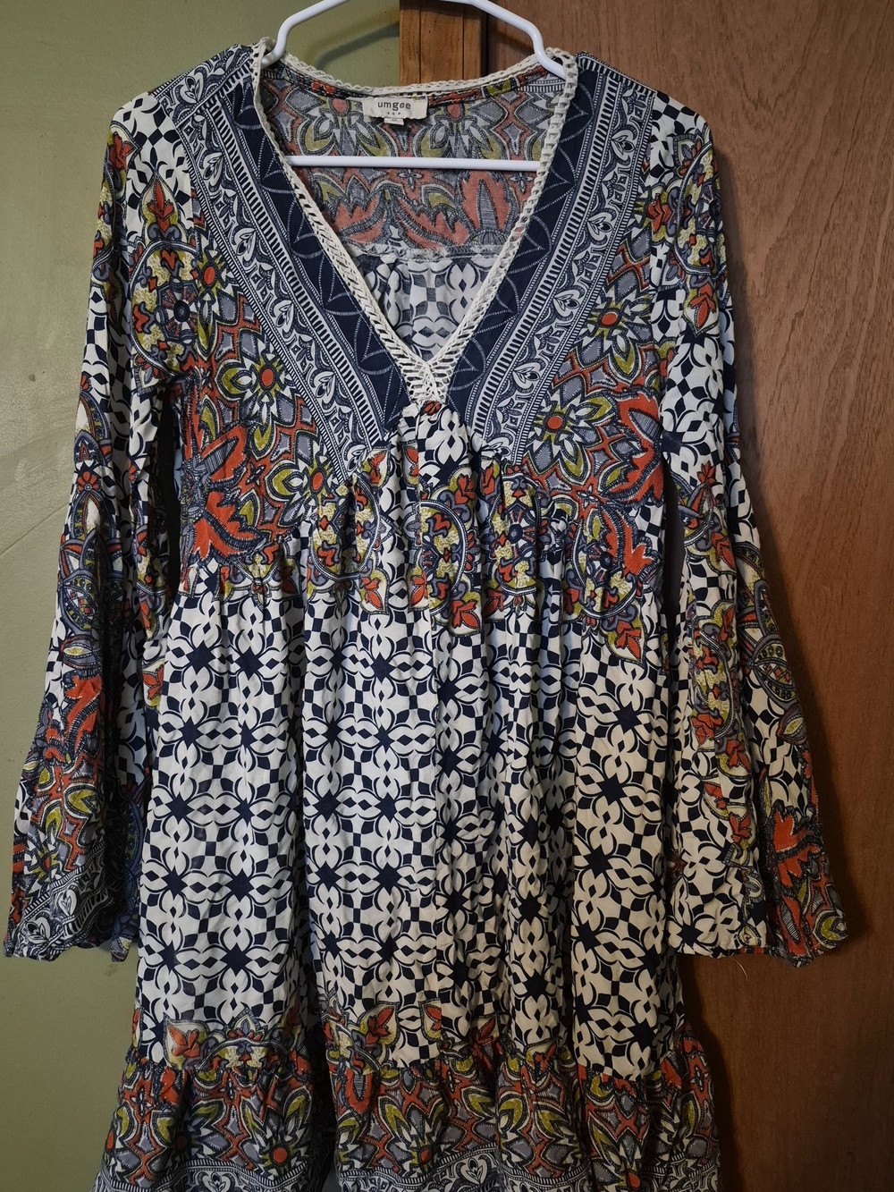 Umgee Bohemian Style Babydoll Dress in Blue & Orange Size Medium